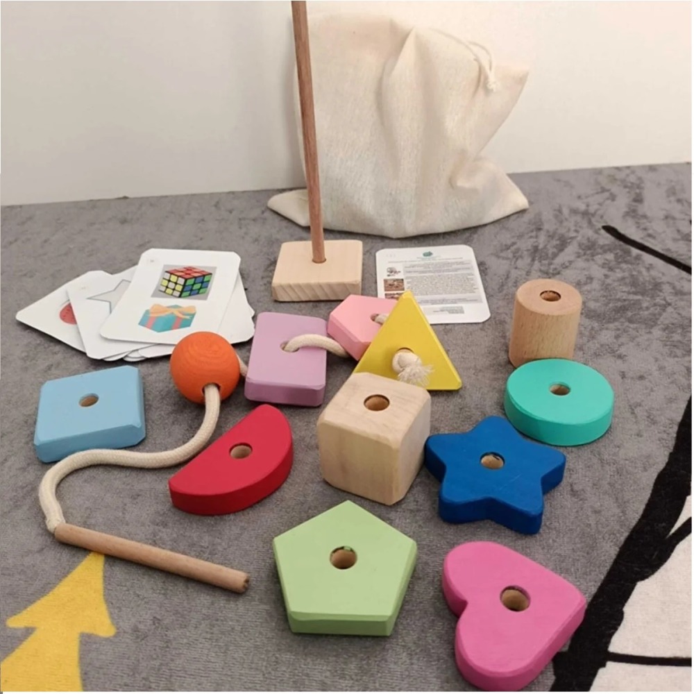 Montessori Giz Torbası ve İp Geçir Geometrik Şekiller 2 li Oyun (Renkli)